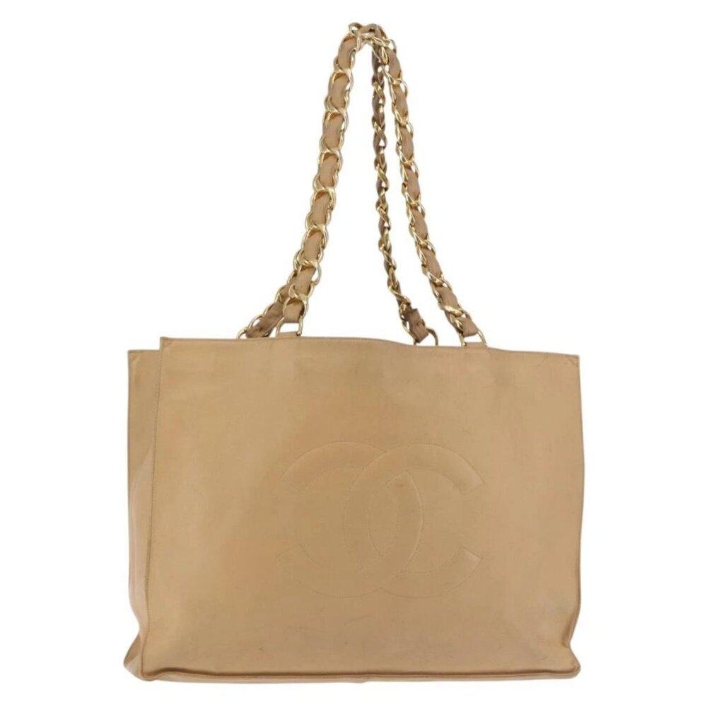 CHANEL COCO Mark Chain Tote Bag Lamb Skin Beige Gold CC Auth bs29597 - Picture 2 of 16